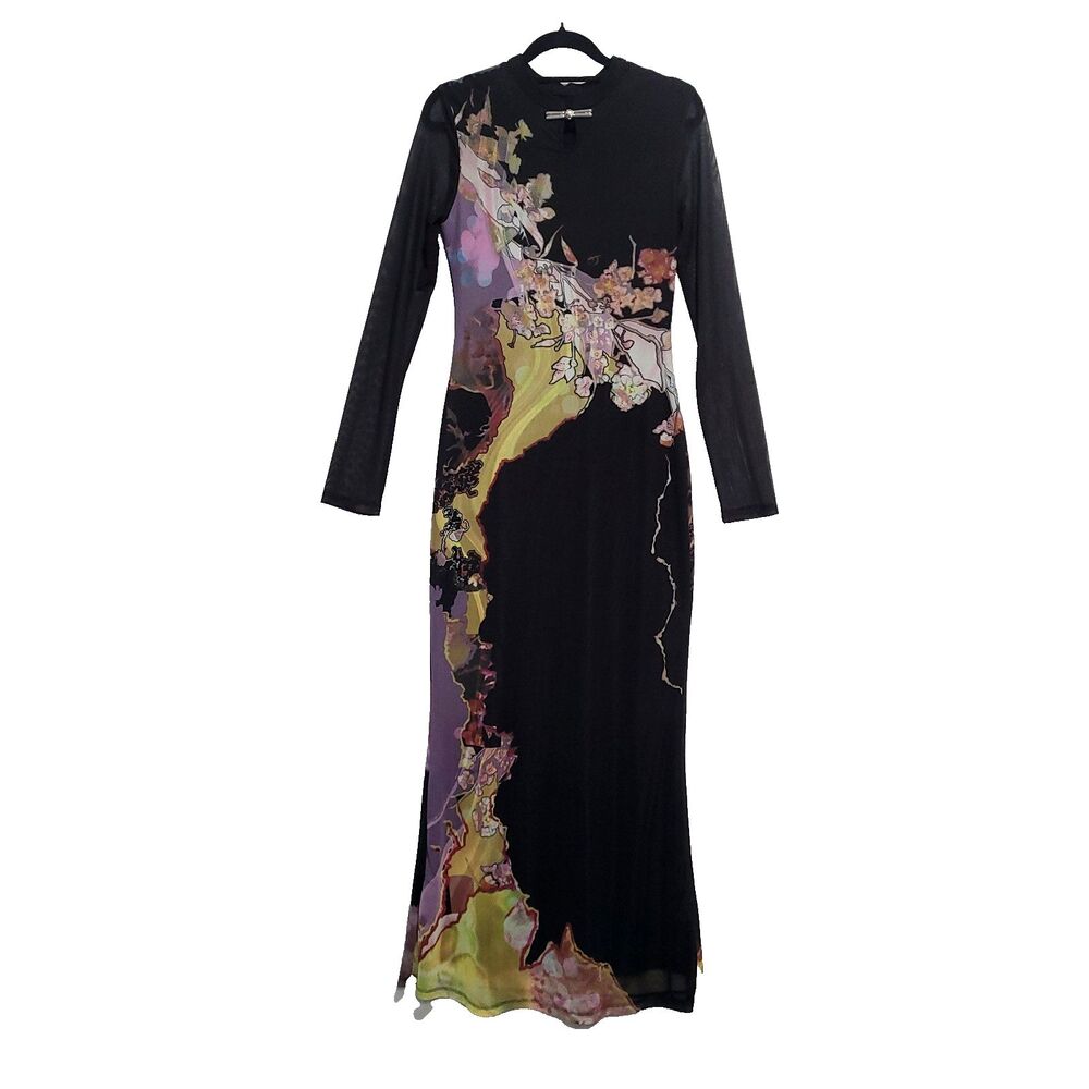 Y2K Asian Floral Maxi Dress Commense Black M Sheer Sleeves Whimsigoth Artsy NWT